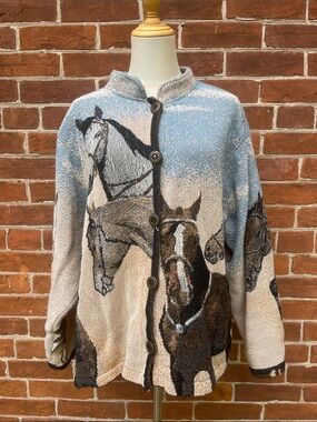 Vintage Horse Graphic Button-Up Tapestry Blanket Jacket Sugar Street Weavers